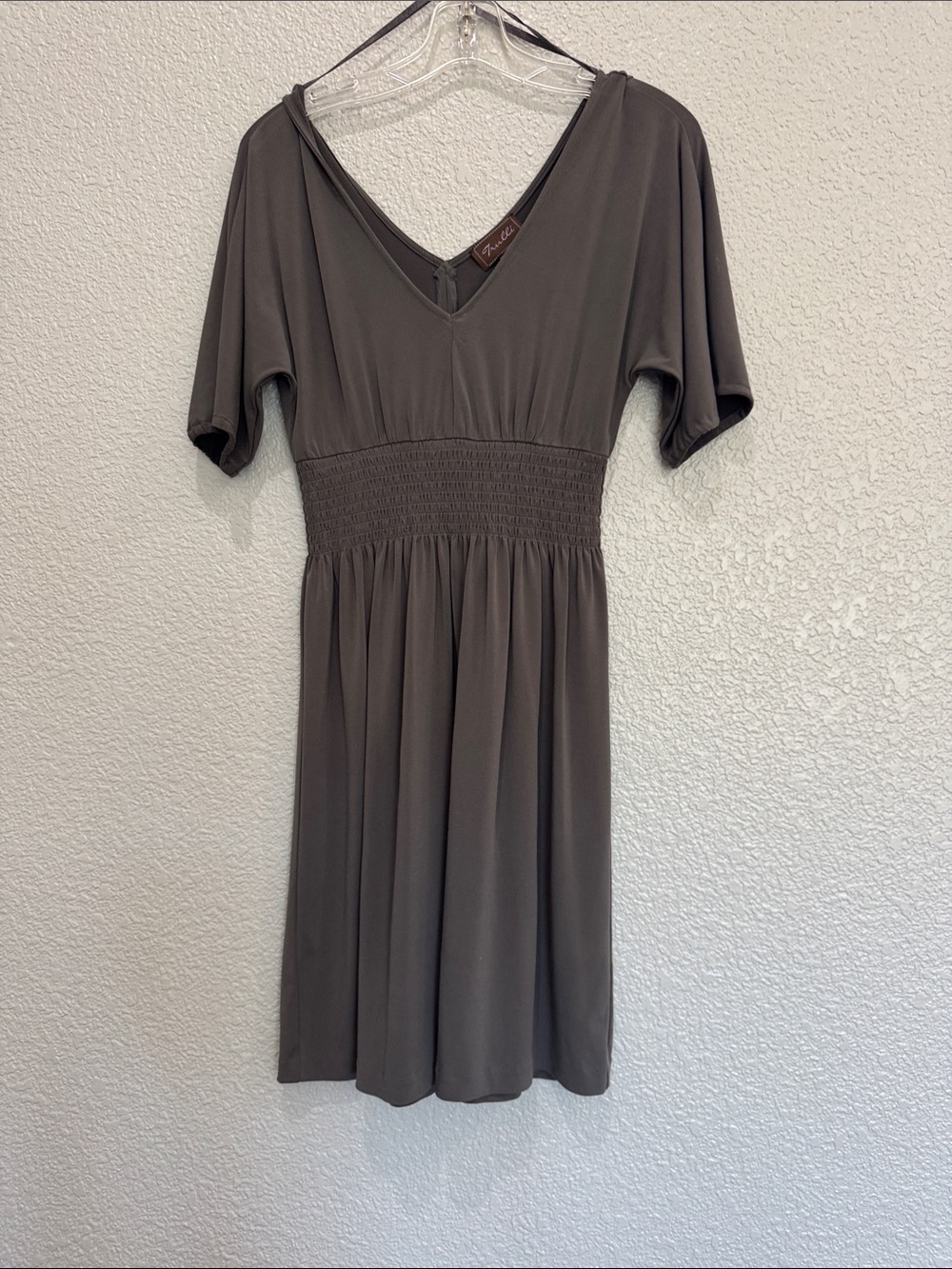 Tulle Gray V-Neck Smocked-Waist Midi Dress